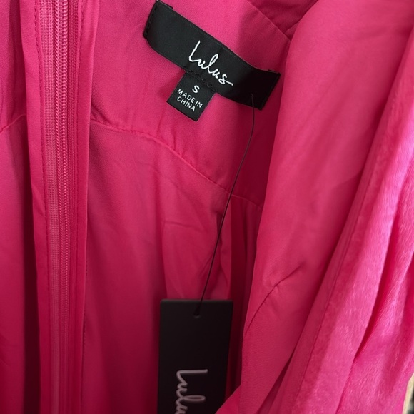 New Lulus Peak Party Vibe Hot Pink Satin Tiered Tie-Back Midi Dress Size S - Picture 9 of 13